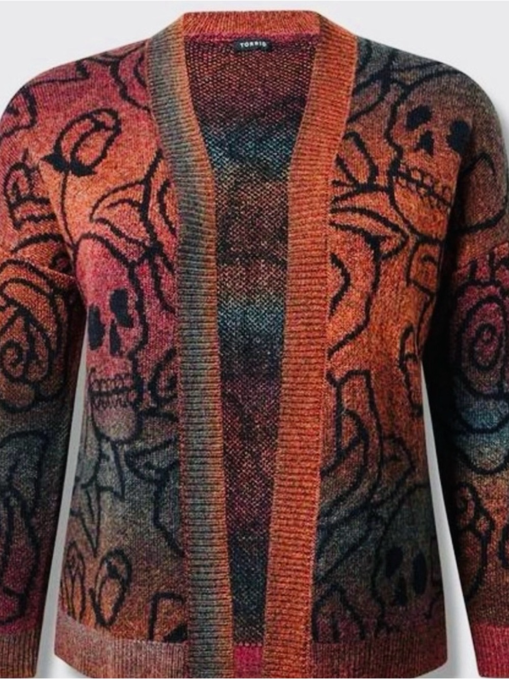 torrid Multicolor Skull & Rose Open-Front Cardigan sweater - Orange, Black, Pink